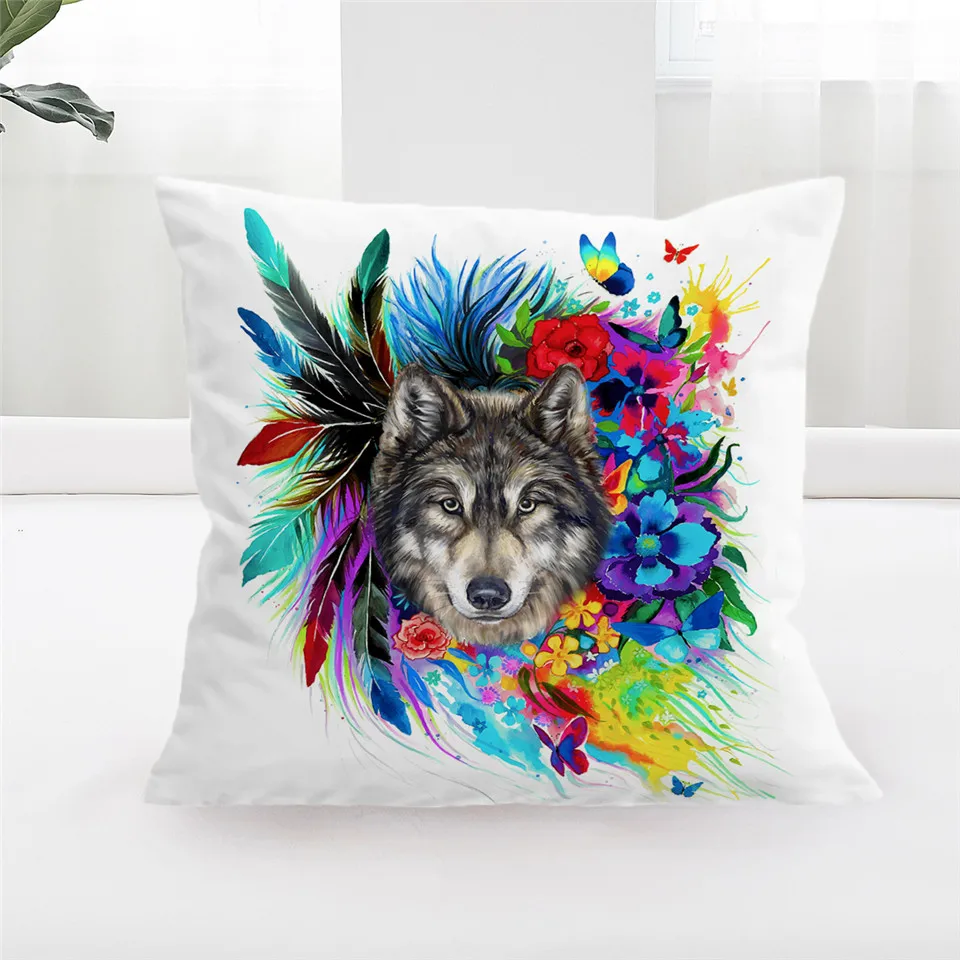 

BlessLiving Boho Floral Wolf Pillow Covers Colorful Flowers Feathers Animal Decorative Throw Pillow Case 45x45cm Cushion Cover
