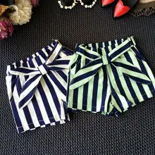 Детские шорты; Новинка года; летние полосатые шорты с лентой для девочек; пояс с бантом