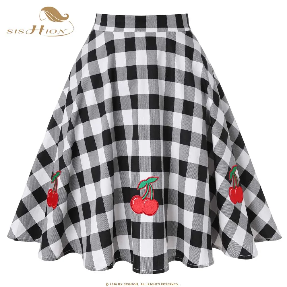 

SISHION Checkered Plaid Skirt Women Black and White High Waist Cherry Appliques Cotton Summer Vintage Swing Women Skirt VD0020C