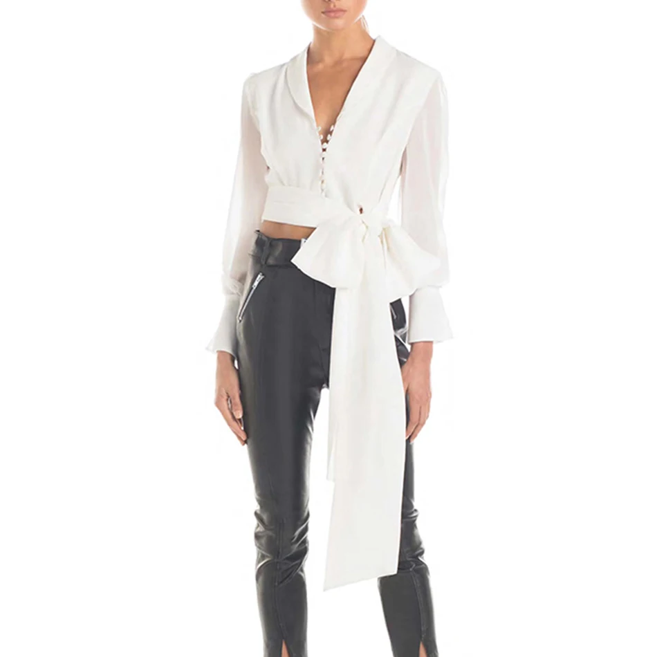 

Seamyla 2019 New Summer White Blouses Long Sleeve Fashion Bow Shirt Sexy Celebrity Short Shirts Women Runway Club Casual Blouse