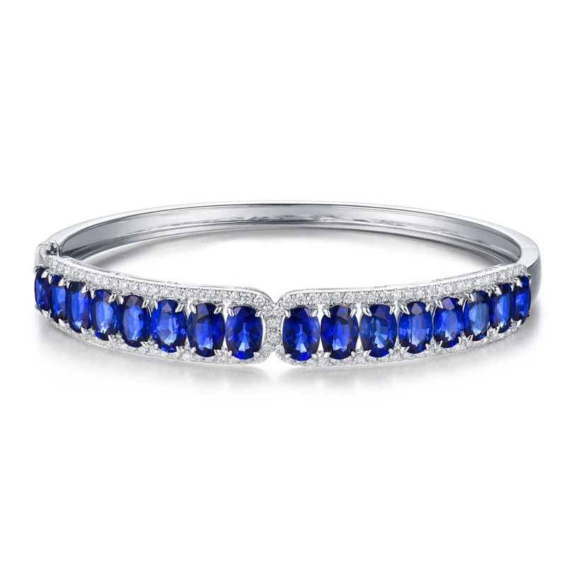 LANMI Real 18Kt Au750 White Gold Natural Blue Sapphire Bangle Good Quality Gemstone Bling Diamond Jewelry for Women Wedding