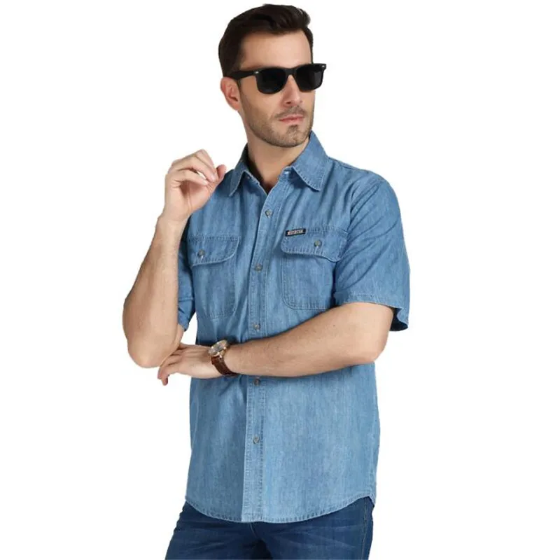 Мужские летние джинсовые рубашки размера плюс 3Xl 4Xl, модные повседневные мужские рубашки и топы с коротким рукавом, летние мужские свободные рубашки A3605 - Цвет: sky blue