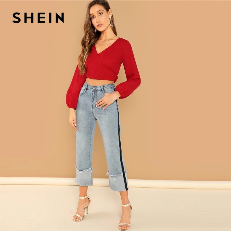 SHEIN красный сексуальный ночной женский топ с рукавом Бишоп с открытой спиной и v-образным вырезом на спине, приталенный Женский пуловер, Осенние современные женские блузки