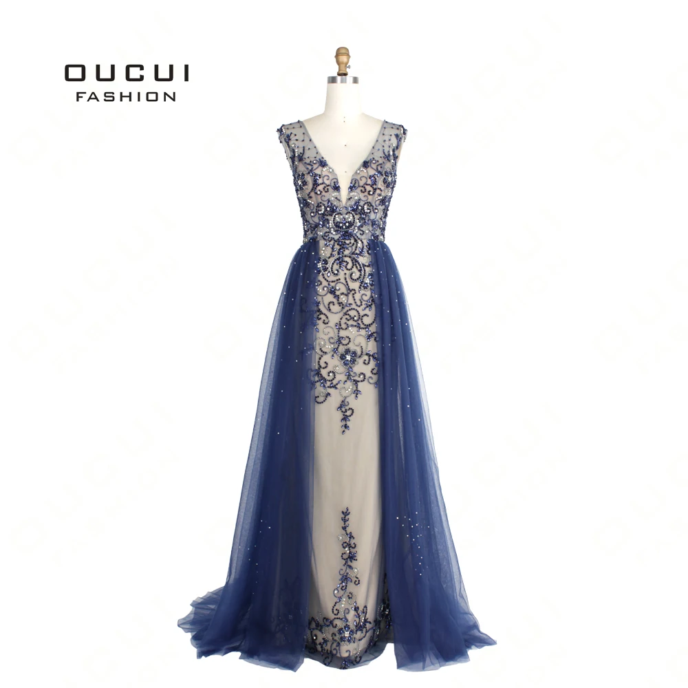Hard Beading Navy Blue With Train Evening Dress Long Diamond Crystal Tulle Formal Abiye Vestido De Noche Real Photo OL103090 Hard Beading Navy Blue With Train Evening Dress Long Diamond Crystal Tulle Formal Abiye Vestido De Noche Real Photo OL103090