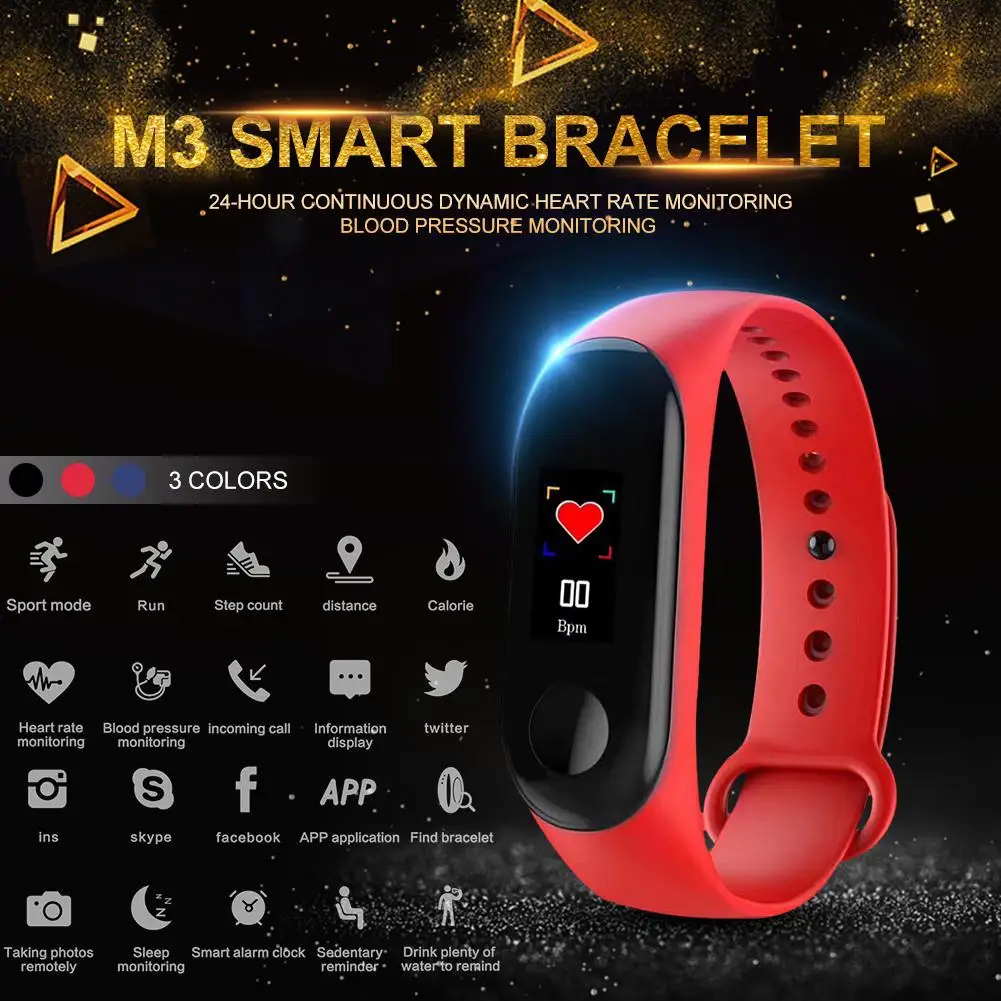 NEW M3 Color Screen Smart Bracelet Fitness Tracker Heart Rate Blood Pressure Monitor Waterproof Sports Wristband for Android iOS