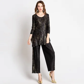 

LANMREM 2020 new summer fashion women clothes round neck full sleeves pleated shinny top and wide legs pants set WH01101