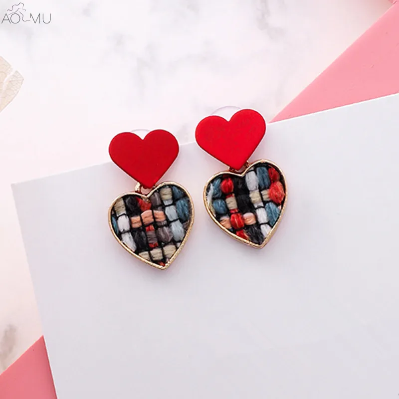 

AOMU 2019 New Sweet Fashion Multicolor Velvet Lattice Love Heart Cute Bowknot Drop Earrings For Women Girl Jewelry Brincos