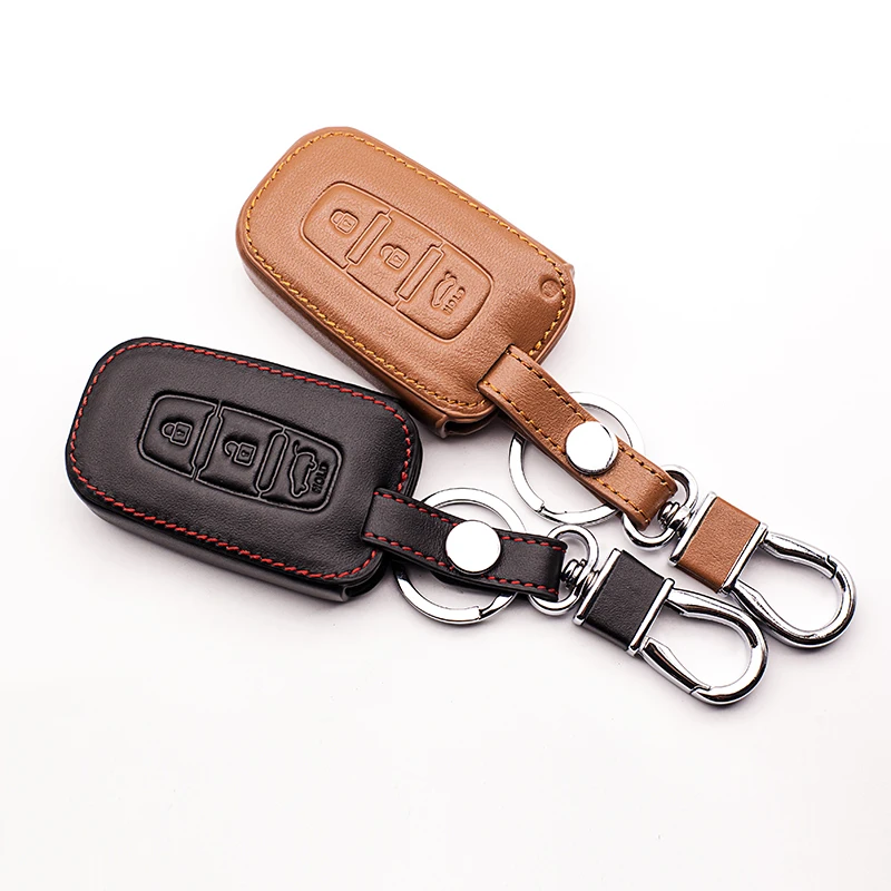 

Keychain Fob Key Car Leather Cases Cover For Hyundai Azera Equus Genesis Santa Fe 3 Key Smart Buttons With Key Ring Key cases