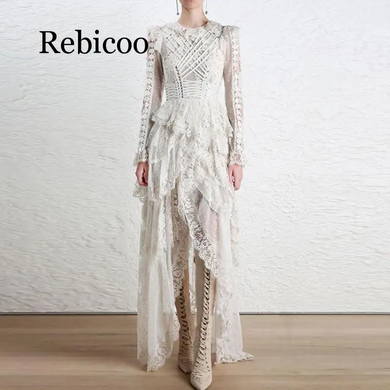 

Rebicoo 2019 Stylish Dress Women Long Sleeve Lacing Up Asymmetrical Cascading Ruffle Lace Dress