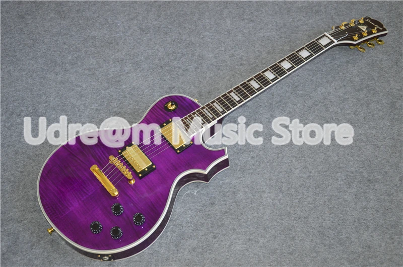 

High Quality Purple Tiger Flame Finish Suneye LP Custom Electric Guitar With Gold Hardware & Pearl Inlaid Lefty Available