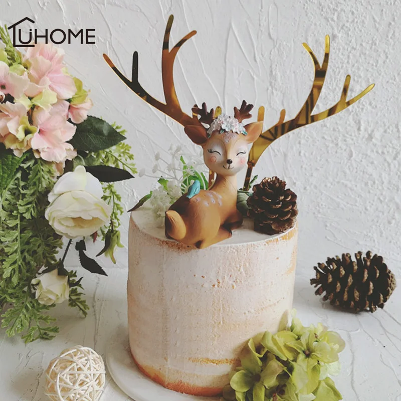 Cake Topper Gold Acrylic Elk Antler Decor For Christmas Wedding