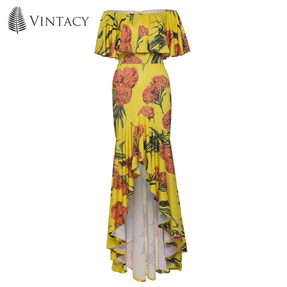 

Summer Women Yellow Print Dress Holiday Beach Party Sexy Asymmetrical Mullet Dress Slash Neck Ruffle Floral Pleated Long Dress