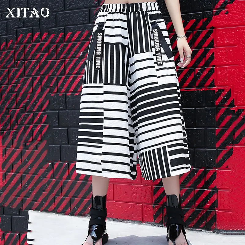 [XITAO] Spring Summer 2019 Women New Arrival Casual Loose Fashion Patchwork Print Striped Calf-length Wide Leg Pants XJ1017 | Женская