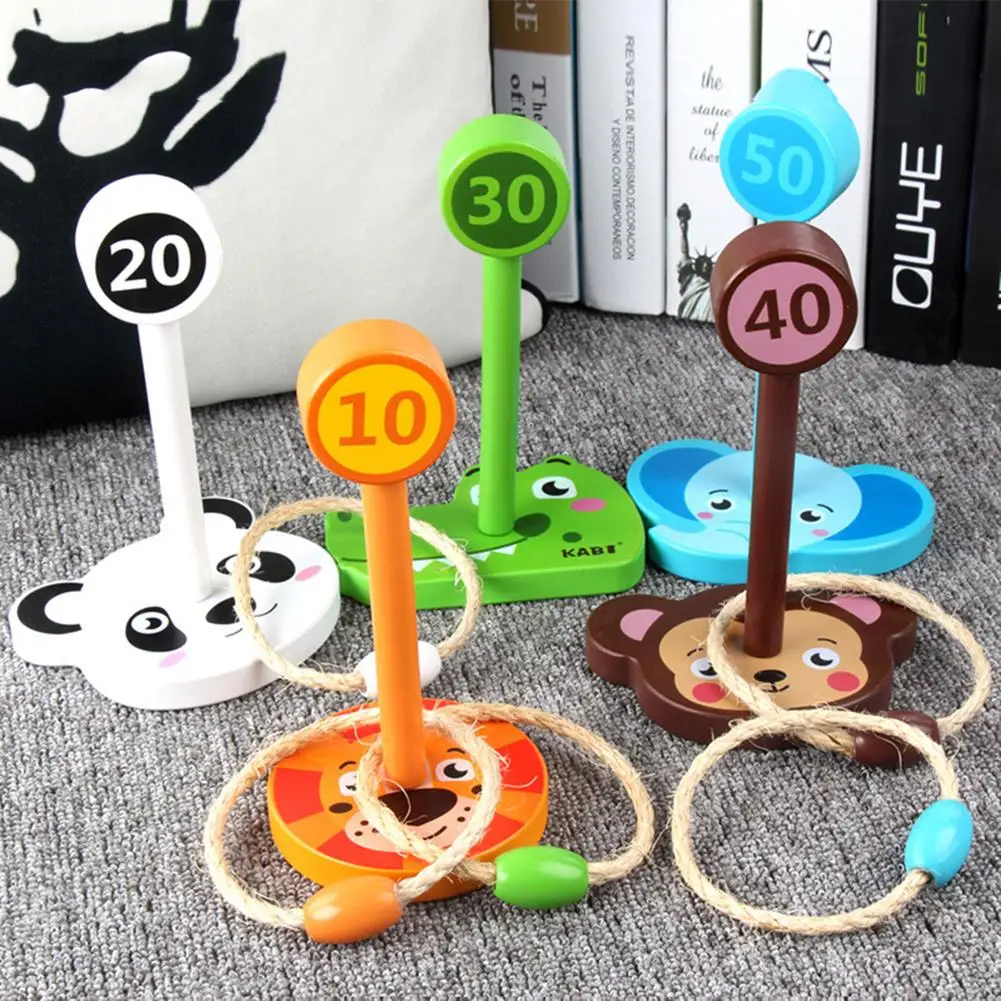 5Pcs Wooden Animal Targets Throwing Ring Toss Game Intelligence Development Exercise Toys Family Interactive Toys for children