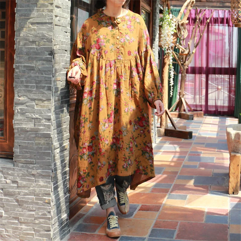 

Johnature Women Floral Dress 2019 Spring Fall New Button Double Cotton Nine Sleeve Vintage Robes Loose Casual Dresses