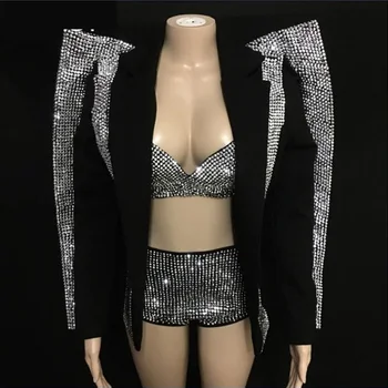 

Sparkly Silver Rhinestones Outfit Set Women Singer Dance Bra Short Jacket Wear Nightclub Clothes Black Wear Outfit Set DJ405