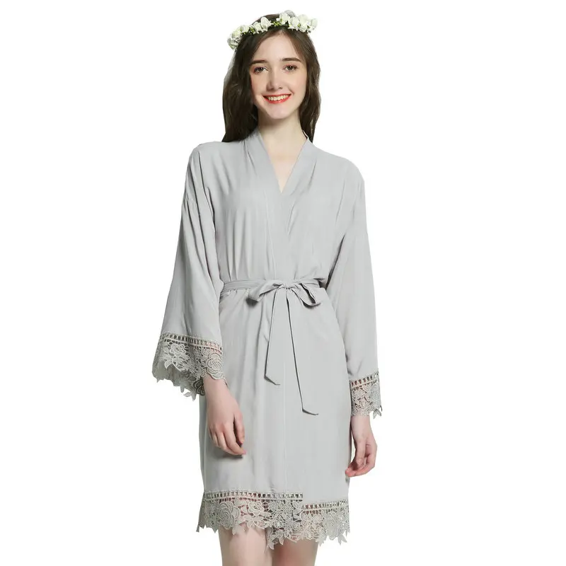 New Solid Cotton Kimono bridesmaid Robes With Lace Trim Women Wedding