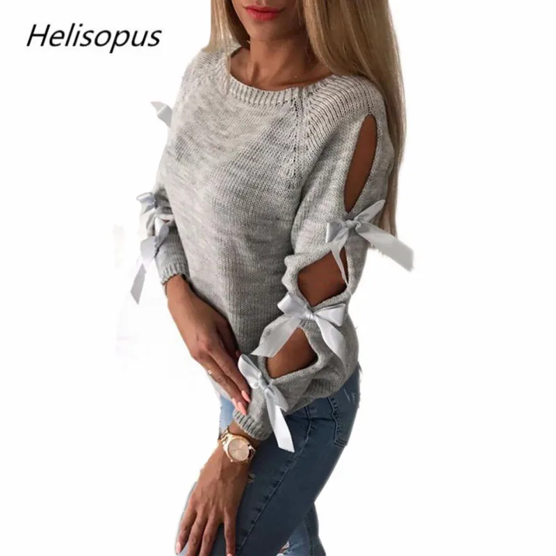 Helisopus 2019 جديد المرأة الخريف السيدات الصلبة محبوك البلوز سترة طويلة الأكمام الجوف خارج القوس بلوزة كاجوال تريكو قمم