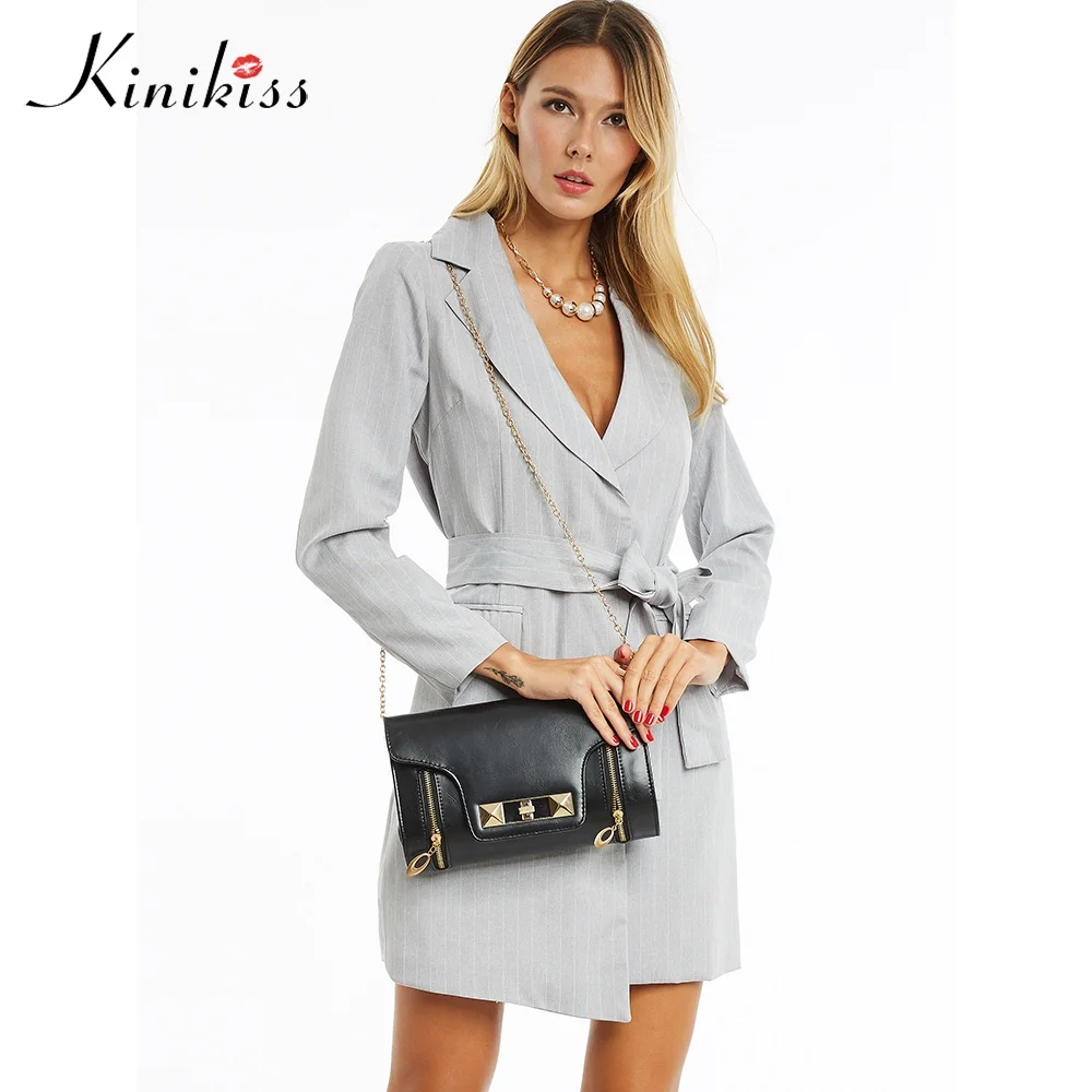Kinikiss Women Trench Coats Autumn Office lady Gray Slim Long Jacket Coats with Belt Button