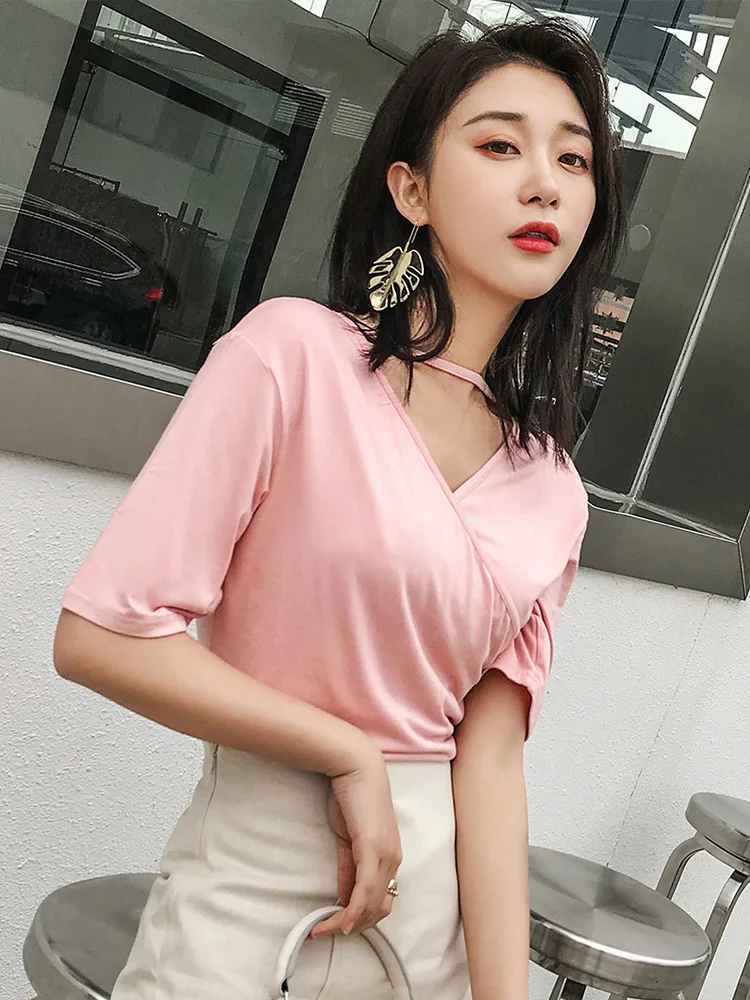 

Spring Sexy T-shirt Women Tops V-Neck Half Sleeves Tees Two Side Wear Basic Shirts Black Pink Female Clothing Summer 2019
