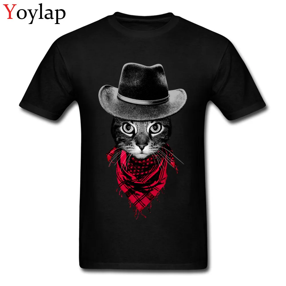 T-shirts Short Sleeve Casual New Arrival Cowboy Cat Crewneck 100% Cotton Mens Summer Autumn Tops Shirt Casual Clothing Shirt black