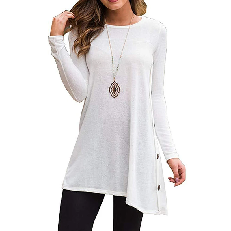 

AECU Dress Female Women's Long Sleeve Round Neck Button Side T Shirts Tunic Dress Short Dress Mini Casual Winter Dresses 2021