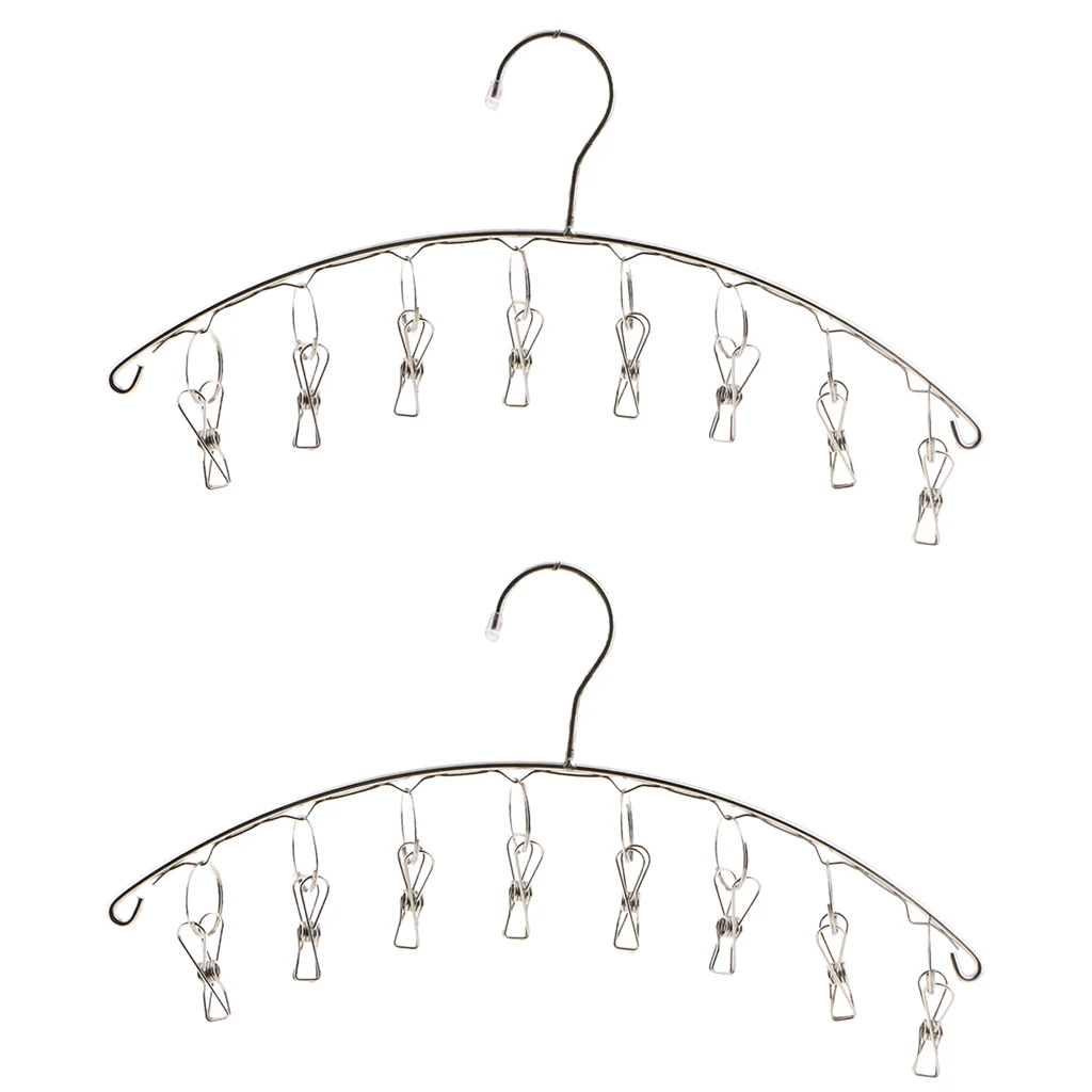 2PCS Stainless Steel Drying Hanger Rack 8/10 Pegs Clip Laundry Clothesline Dryer for Socks Underwear Towel Scarves (Arc Design)