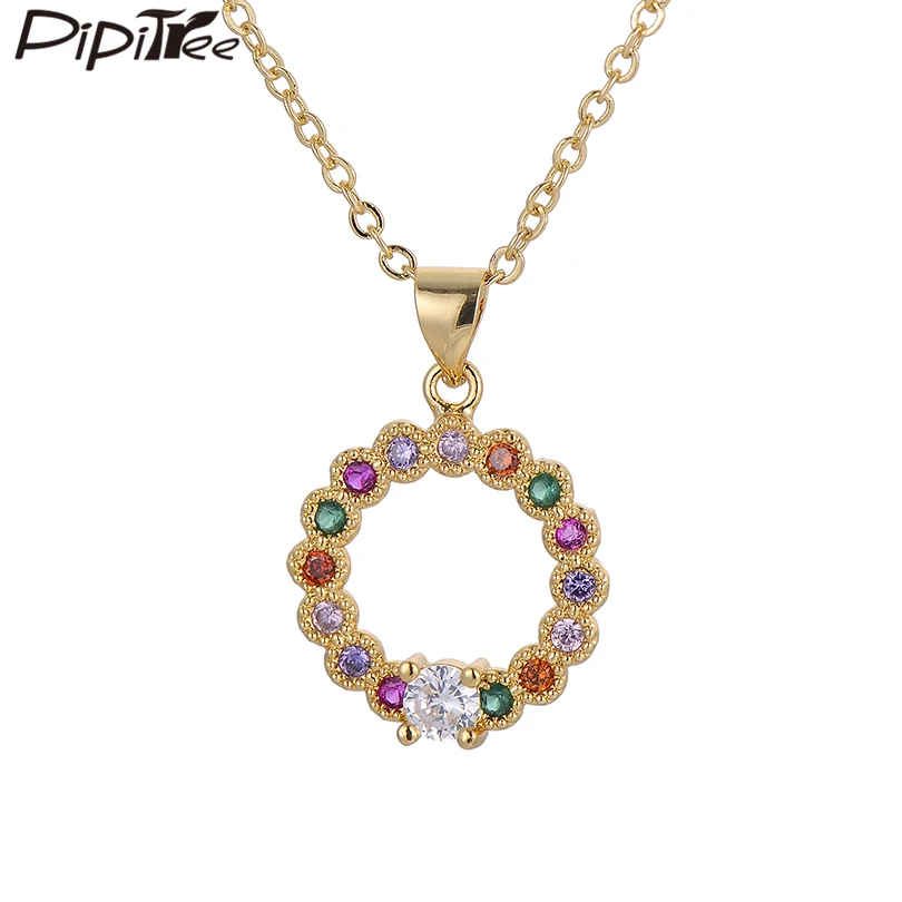 

Pipitree Beautiful Multicolor Micro Pave AAA Cubic Zirconia Necklace Round Pendant Gold Color Chain Necklaces for Women Jewelry