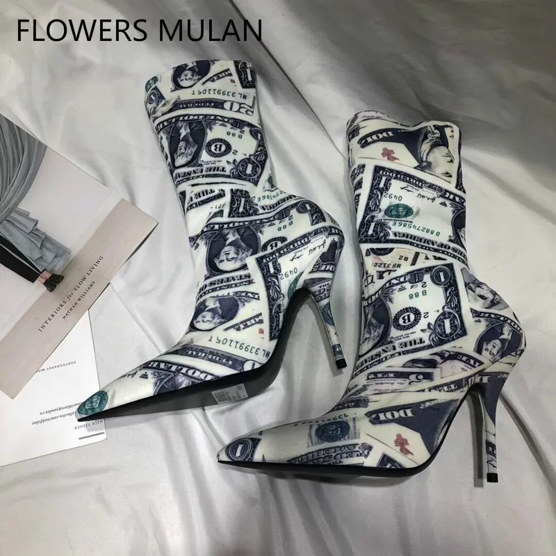 

Hanbaidi Fashion Women Mid-calf Boots Luxury Design Printed Us Dollar Winter Boots Runway GladiatorSilk Stretch HigH Heels Boots