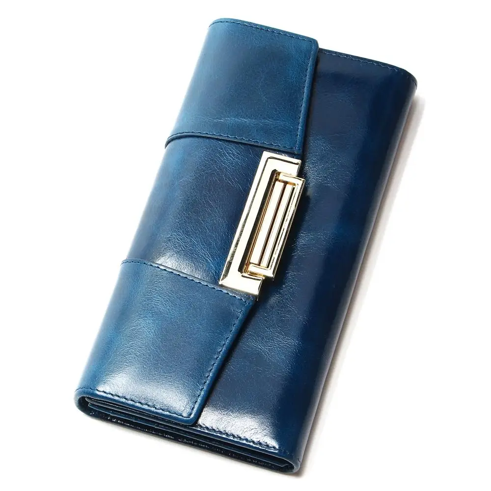 Женский кошелек из натуральной воловьей кожи Ccarteira Feminina, модный винтажный Длинный кошелек с застежкой и карманом, Женский кошелек для монет средней длины - Цвет: Blue