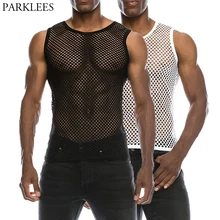 Мужская сетчатая Прозрачная Черная майка в сеточку, новинка, сексуальный облегающий Топ без рукавов, мужские вечерние футболки для ночного клуба
