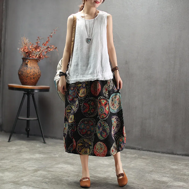  Ethnic Print Long Skirts Women High Waist Midi Skirt Linen 2019 Summer All-Match Skirt Ladies Green Beach (3)