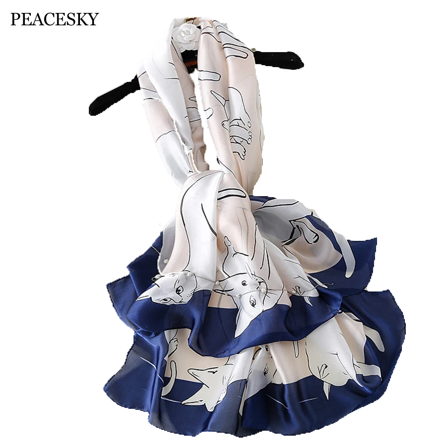 

Cute Cats scarf Plus Size beach stole bandana Hijabs 2019 luxury brand Women Silk scarf Beach Shawl and Echarpe Wrap