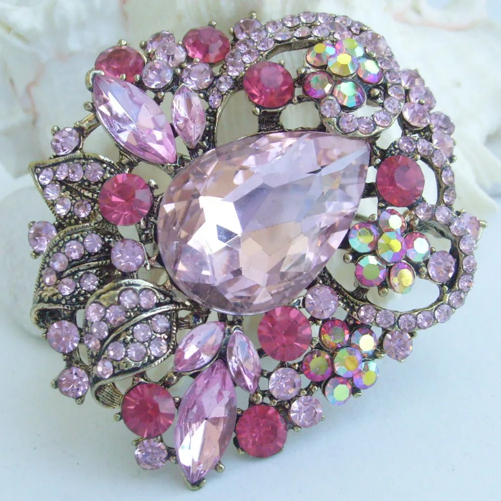 HelenaJewelry 2.56" Gold tone Pink Rhinestone Crystal Flower Brooch Pin