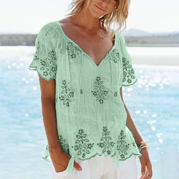 

Plus Size womens blouses and tops Short Sleeve Embroidery Bandage Easy Blouses Casual women shirt blusas de mujer verano 2019