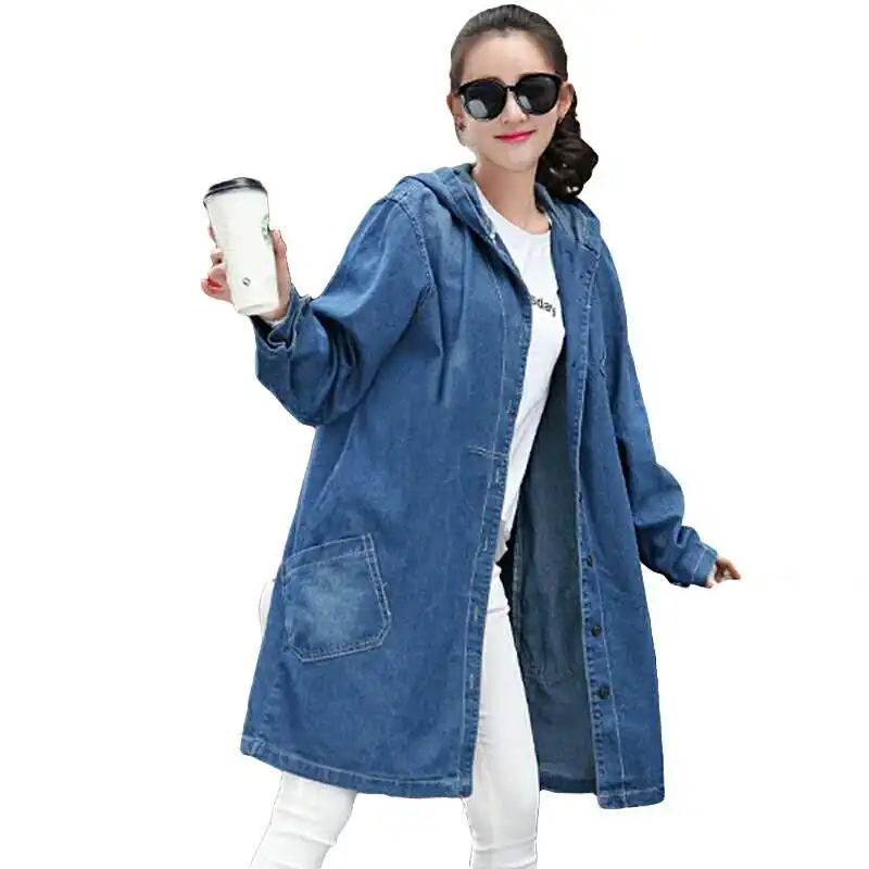 

2019 New Hooded denim coat Women Loose jackets Girl Long coat Women Hooded Medium Length Jean Coats Woman Casual coat A026