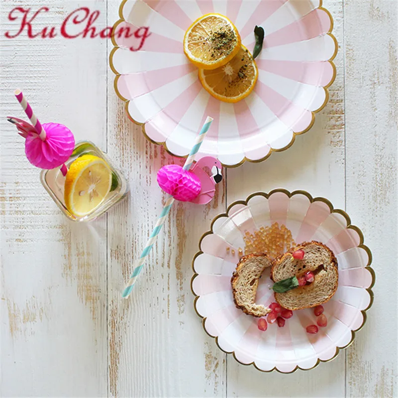 

Gilding High-end Disposable Tableware Set Pink Striped Paper Plates Cups Napkins Party Wedding Carnival Tableware Supplies