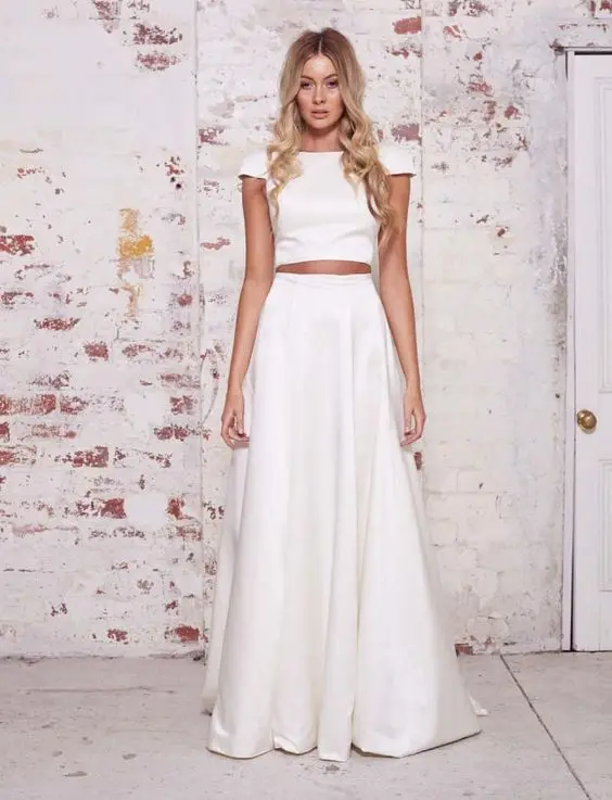 Two Pieces Evening Dress 2017 White Satin Short Sleeves Pageant