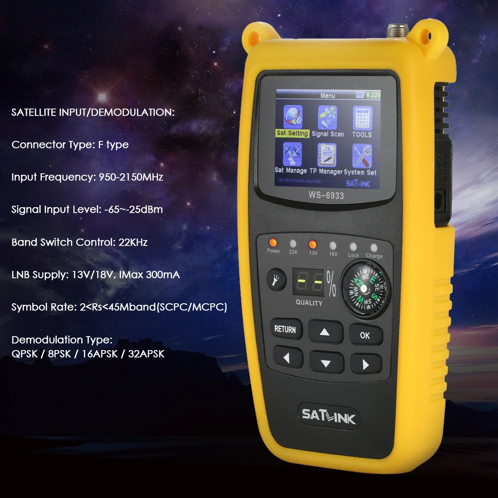 SATLINK WS6933 цифровой спутниковый сигнал Finder Meter LCD Цифровой ТВ приемник с компасом |