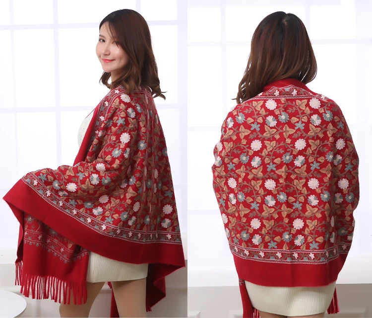 Высококачественный Женский шарф с вышивкой и цветочным узором в китайском этическом стиле, утепленный шарф в ретро-стиле с цветочной окантовкой, шаль, теплый и мягкий