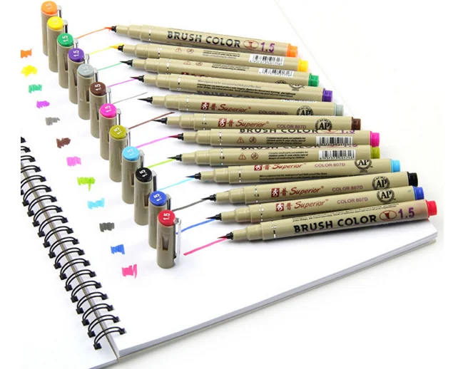 12 Colores/juego de pincel de escritura pluma suave Color agua arte marcador pluma efecto mejor para adultos libros de colorear Manga cómic de la caligrafía