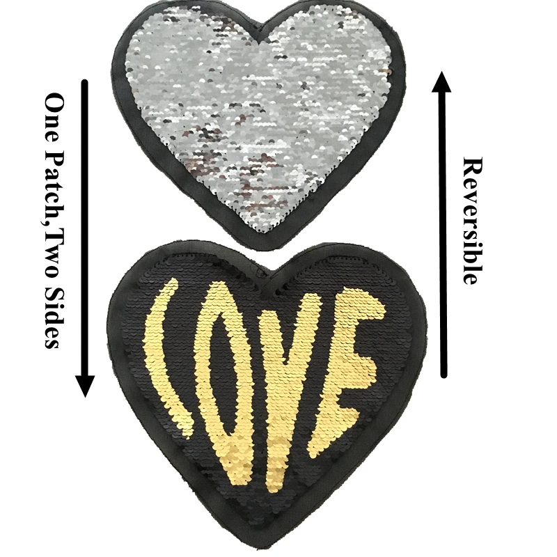Gold Reversible LOVE Heartr shaped Sequined Sew on Patches for Clothes