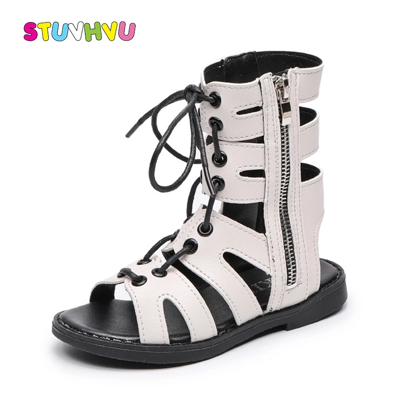 

2019 Summer New Kids Sandals Hollow Girl Roman Sandals Open Toe High Boots Children's Shoes Zipper Girls Sandals White Black