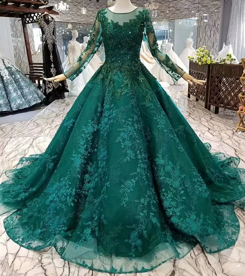 Real Photo Ball Gown Long Sleeve Green ...