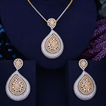 

GODKI Water Drop Flower Luxury 2 Tone Women Wedding Naija Bridal Cubic Zirconia Necklace Dubai Dress Jewelry Set