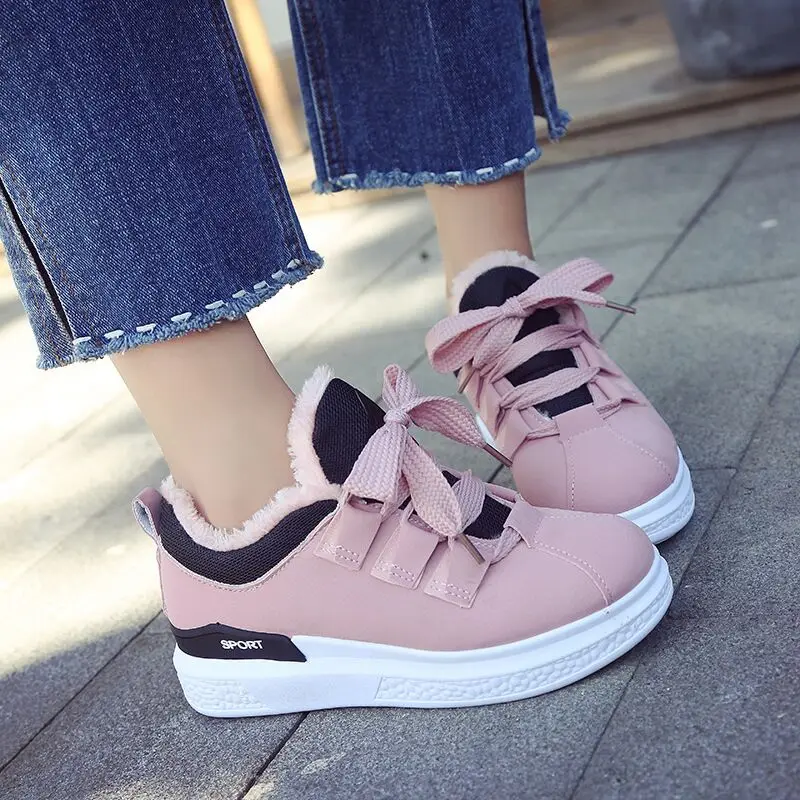 

Women Sneakers Shoes Woman Black Lace up Short Plush Lining Casual Flat Shoes Breathable Walking Flats Woman