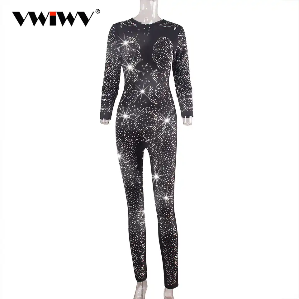 VWIWV Women Sequin Rhinestone Jumpsuit Diamond Jumpsuits Wave Pattern Long Sleeve Skinny