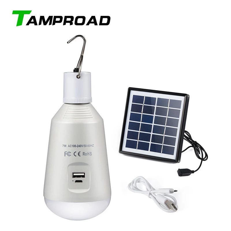 Solar Power LED Light Bulb Indoor Outdoor Tent Camping Lamp Hanging Portable 7W