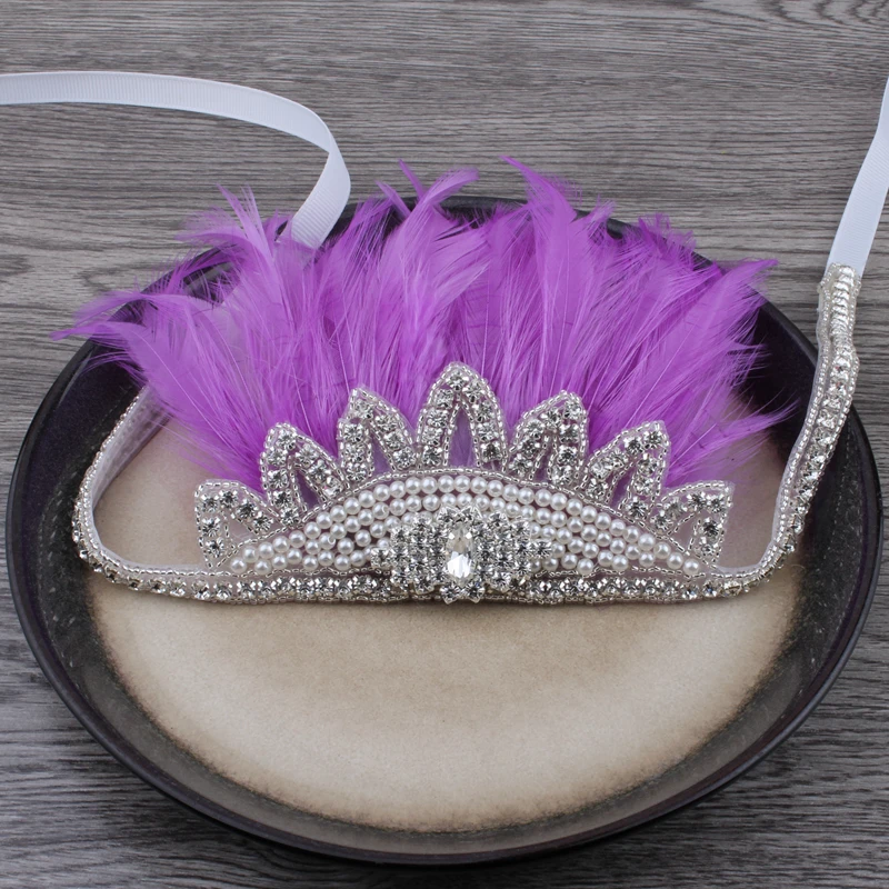 Модные цветочные диадемы принцессы головные уборы украшения с рюшами ваши перья Корона диадема со стразами для девочек аксессуары для волос - Цвет: Lavender