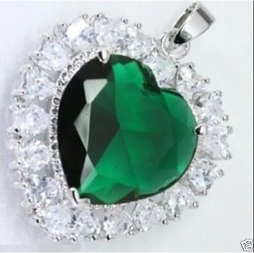

shipping New Heart Green Crystal Silver Plated inlay Zircon Necklace Pendant + Chain